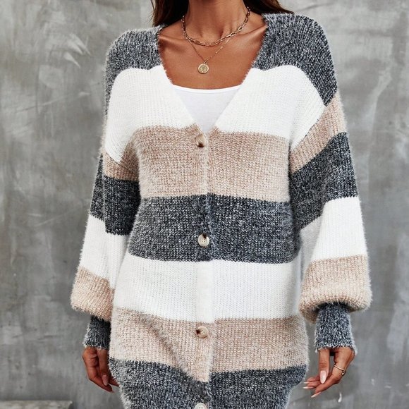 Multicolor Preppy Womens Color Block Drop Shoulder Button Front Cardigan - Picture 5 of 5